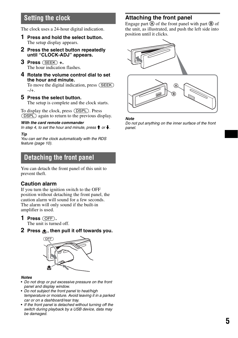 Setting the clock, Detaching the front panel, Attaching the front panel | Setting the clock detaching the front panel | Sony CDX-GT414U User Manual | Page 5 / 112