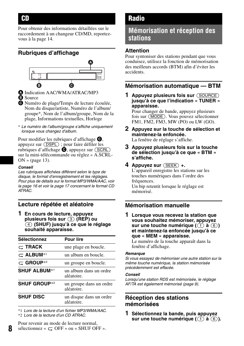 Rubriques d’affichage, Lecture répétée et aléatoire, Radio | Mémorisation et réception des stations, Mémorisation automatique - btm, Mémorisation manuelle, Réception des stations mémorisées, Rubriques d’affichage lecture répétée et aléatoire, Radio mémorisation et réception des stations | Sony CDX-GT414U User Manual | Page 50 / 112