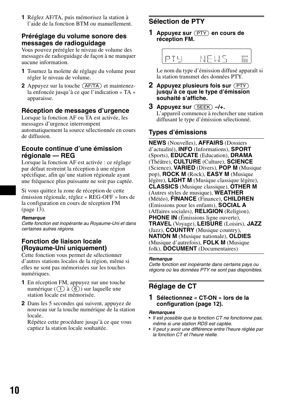 Sélection de pty, Réglage de ct, Sélection de pty réglage de ct | Sony CDX-GT414U User Manual | Page 52 / 112