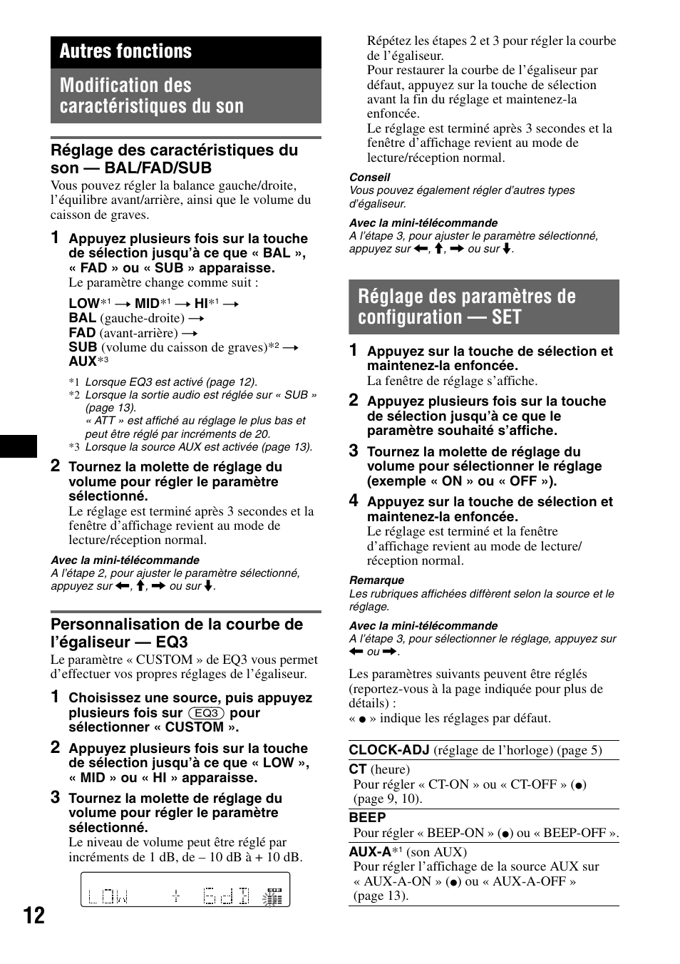 Autres fonctions, Modification des caractéristiques du son, Réglage des caractéristiques du son - bal/fad/sub | Personnalisation de la courbe de l’égaliseur - eq3, Réglage des paramètres de configuration - set, Réglage des caractéristiques du son, Réglage des paramètres de configuration, Réglage des paramètres de configuration — set, Réglage des caractéristiques du son — bal/fad/sub, Personnalisation de la courbe de l’égaliseur — eq3 | Sony CDX-GT414U User Manual | Page 54 / 112