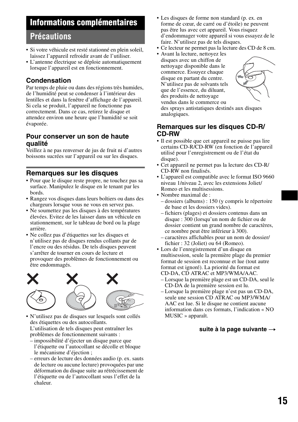 Informations complémentaires, Précautions, Remarques sur les disques | Informations complémentaires précautions | Sony CDX-GT414U User Manual | Page 57 / 112