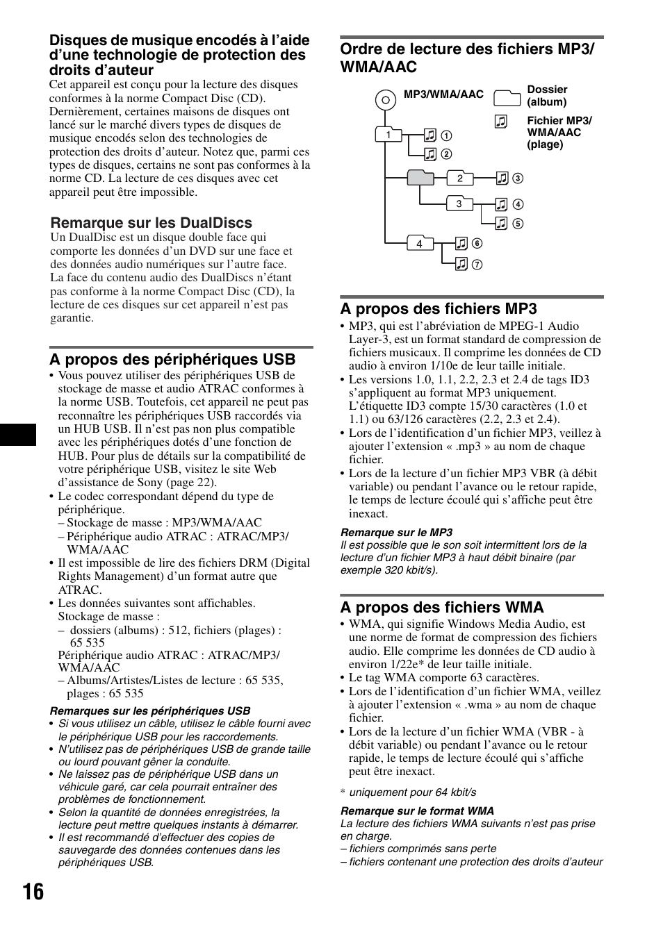 A propos des périphériques usb, Ordre de lecture des fichiers mp3/ wma/aac, A propos des fichiers mp3 | A propos des fichiers wma, Remarque sur les dualdiscs | Sony CDX-GT414U User Manual | Page 58 / 112