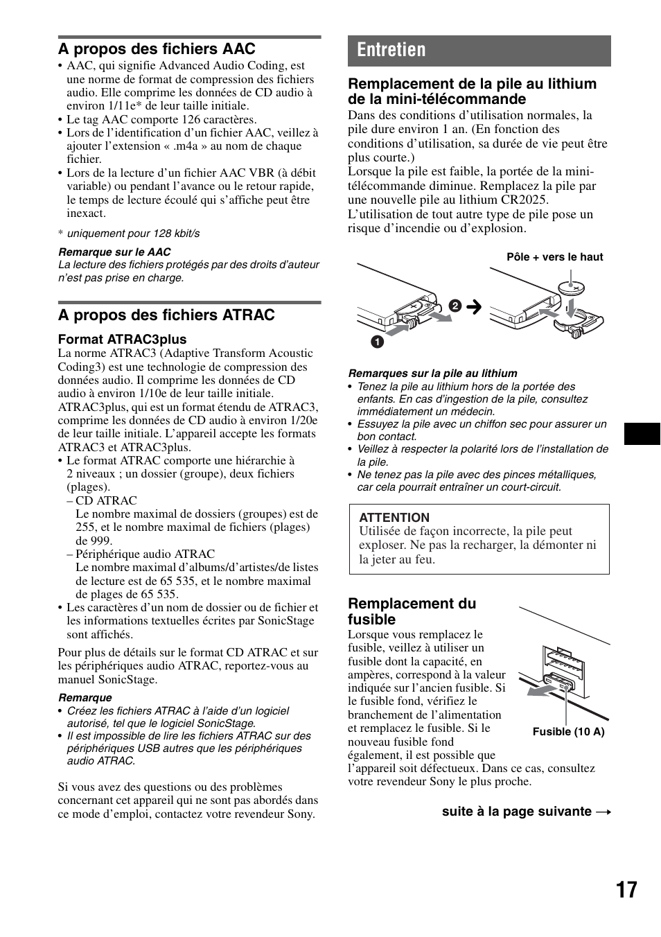 A propos des fichiers aac, A propos des fichiers atrac, Entretien | Sony CDX-GT414U User Manual | Page 59 / 112