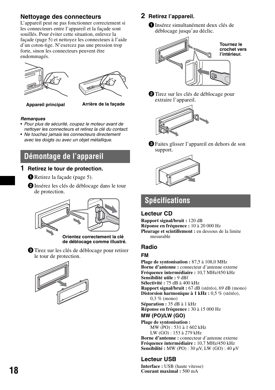 Démontage de l’appareil, Spécifications, Démontage de l’appareil spécifications | Sony CDX-GT414U User Manual | Page 60 / 112