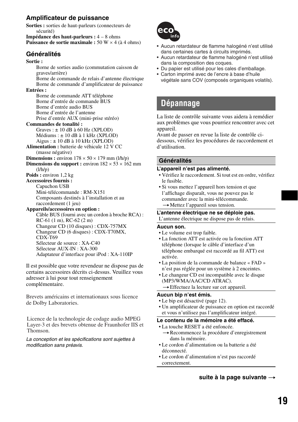 Dépannage | Sony CDX-GT414U User Manual | Page 61 / 112