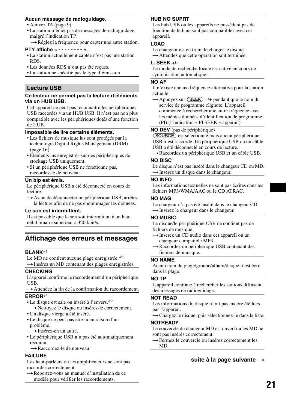 Affichage des erreurs et messages | Sony CDX-GT414U User Manual | Page 63 / 112