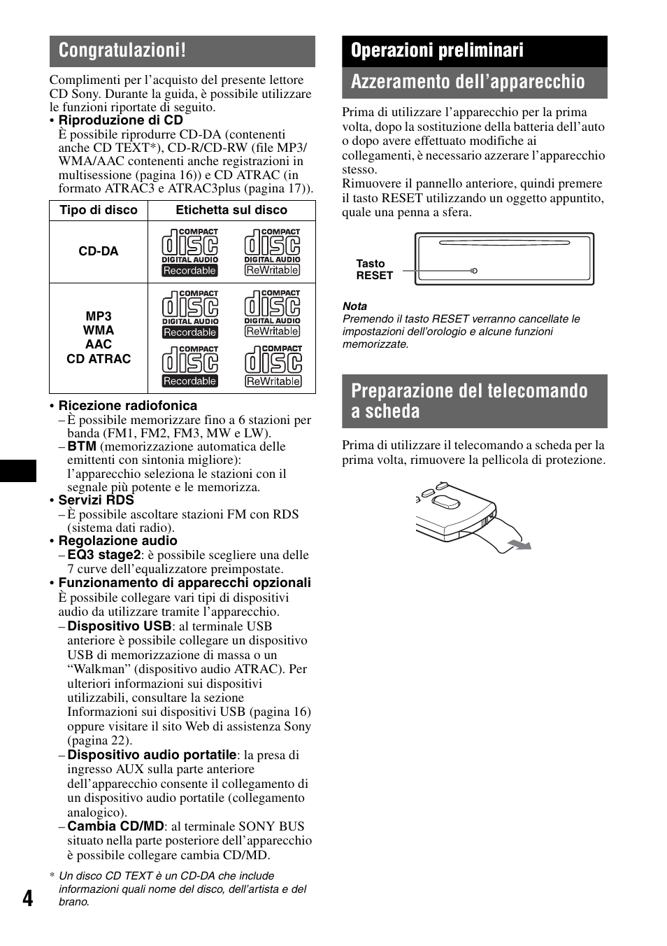 Congratulazioni, Operazioni preliminari, Azzeramento dell’apparecchio | Preparazione del telecomando a scheda | Sony CDX-GT414U User Manual | Page 68 / 112