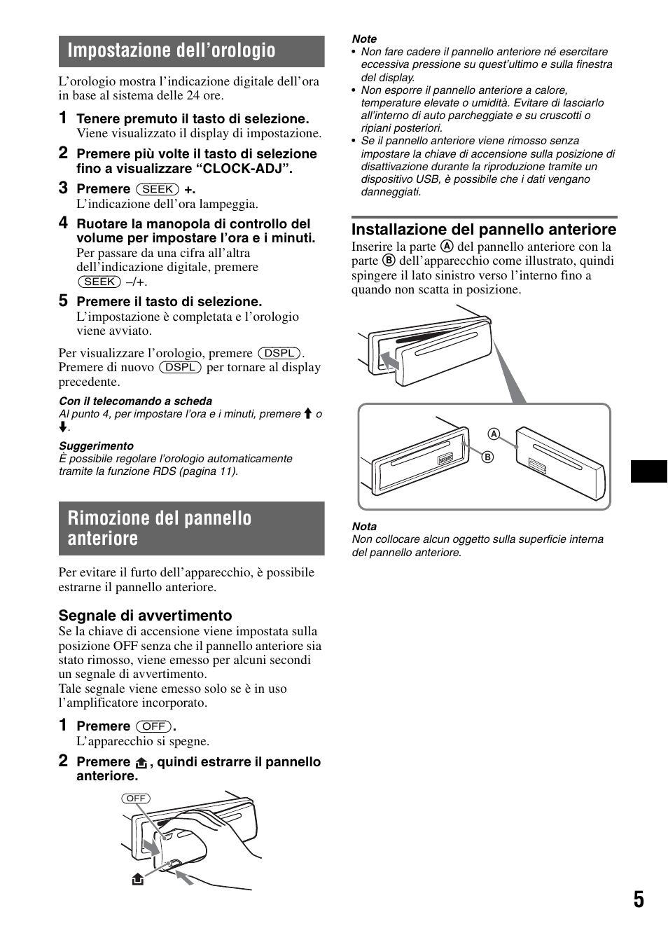 Impostazione dell’orologio, Rimozione del pannello anteriore, Installazione del pannello anteriore | Sony CDX-GT414U User Manual | Page 69 / 112