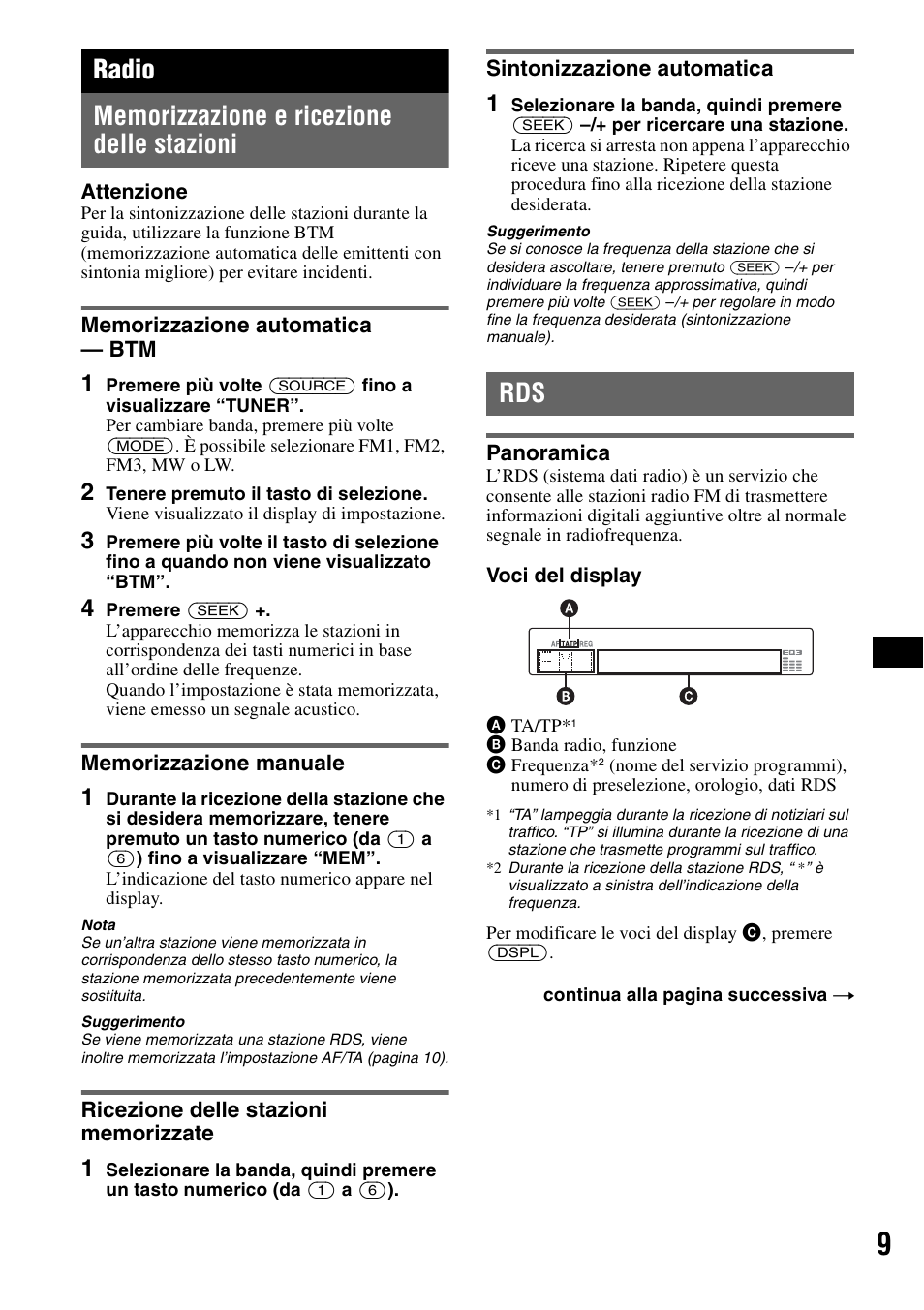 Radio, Memorizzazione e ricezione delle stazioni, Memorizzazione automatica - btm | Memorizzazione manuale, Ricezione delle stazioni memorizzate, Sintonizzazione automatica, Panoramica | Sony CDX-GT414U User Manual | Page 73 / 112