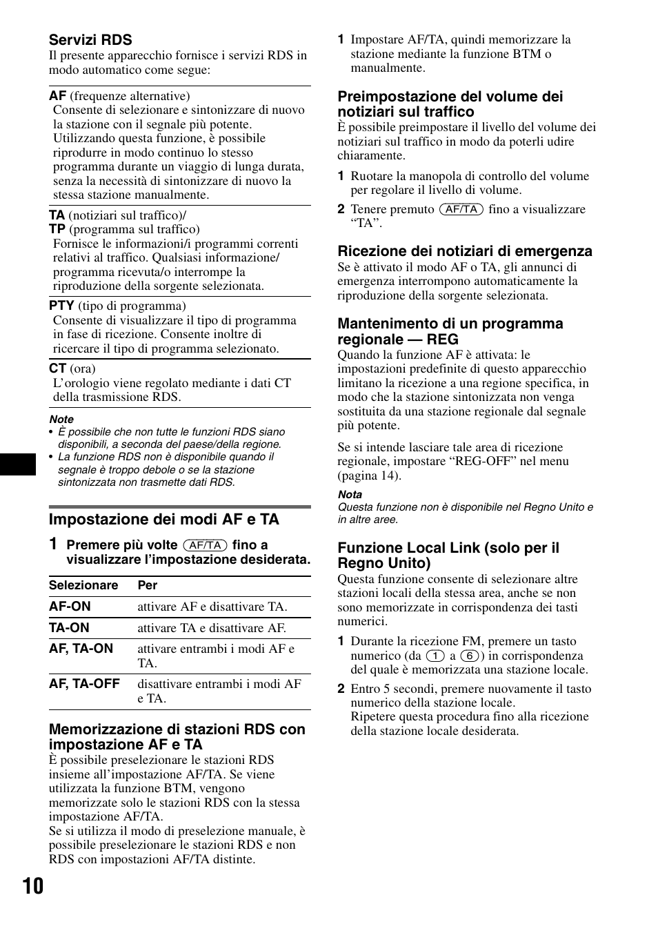 Impostazione dei modi af e ta | Sony CDX-GT414U User Manual | Page 74 / 112