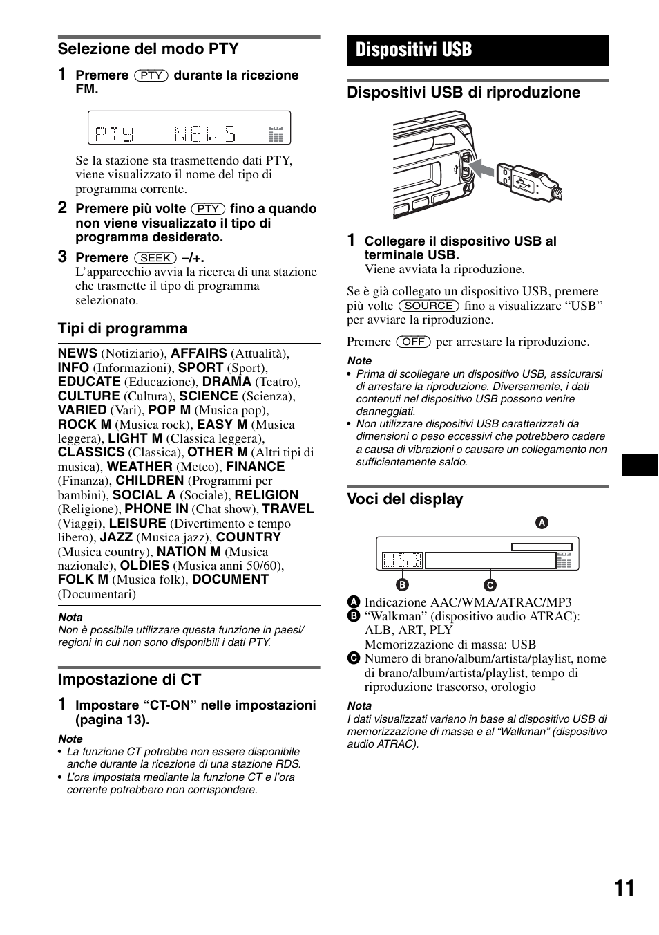 Selezione del modo pty, Impostazione di ct, Dispositivi usb | Dispositivi usb di riproduzione, Voci del display, Selezione del modo pty impostazione di ct, Dispositivi usb di riproduzione voci del display | Sony CDX-GT414U User Manual | Page 75 / 112