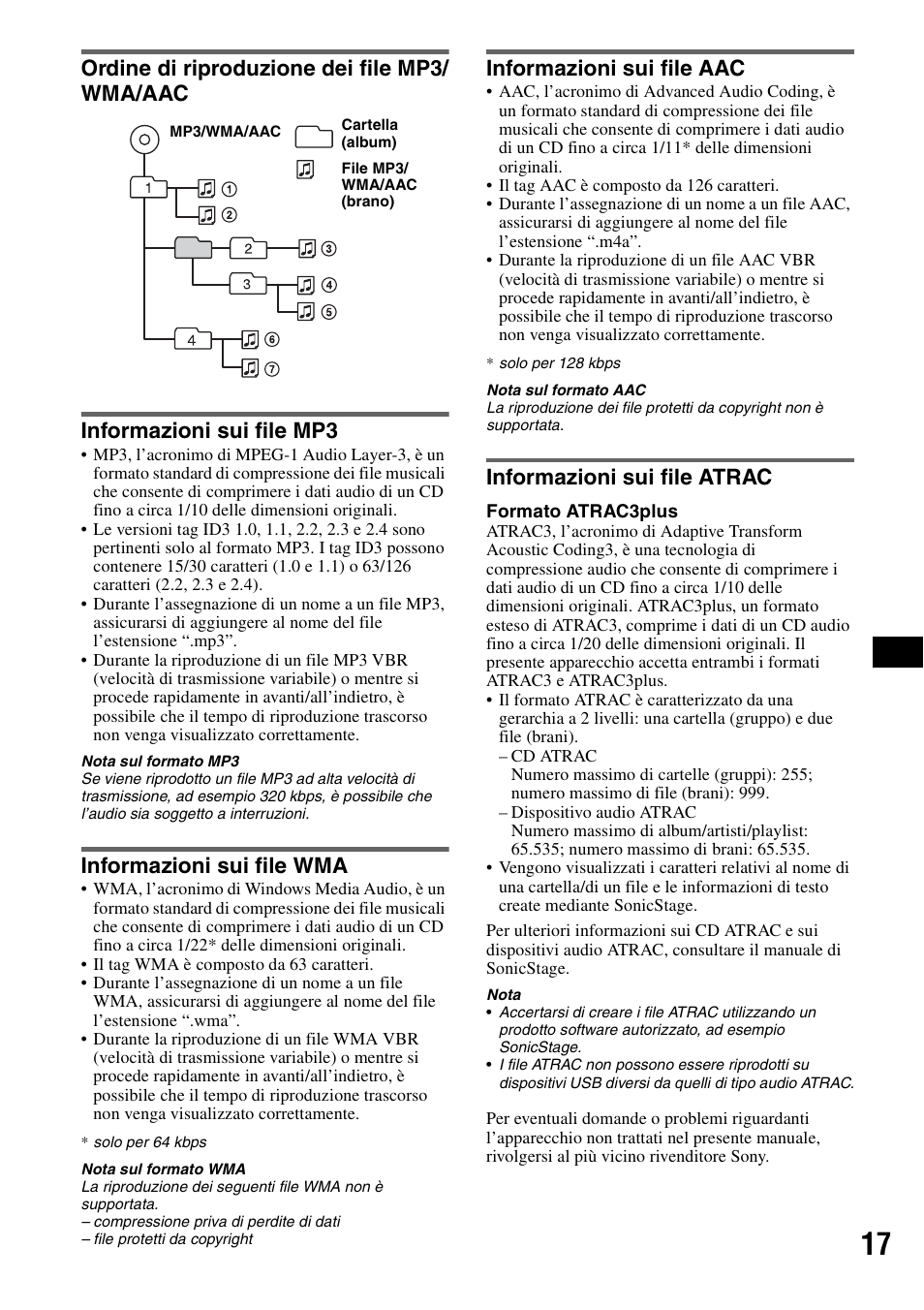 Ordine di riproduzione dei file mp3/ wma/aac, Informazioni sui file mp3, Informazioni sui file wma | Informazioni sui file aac, Informazioni sui file atrac, Ordine di riproduzione dei file | Sony CDX-GT414U User Manual | Page 81 / 112