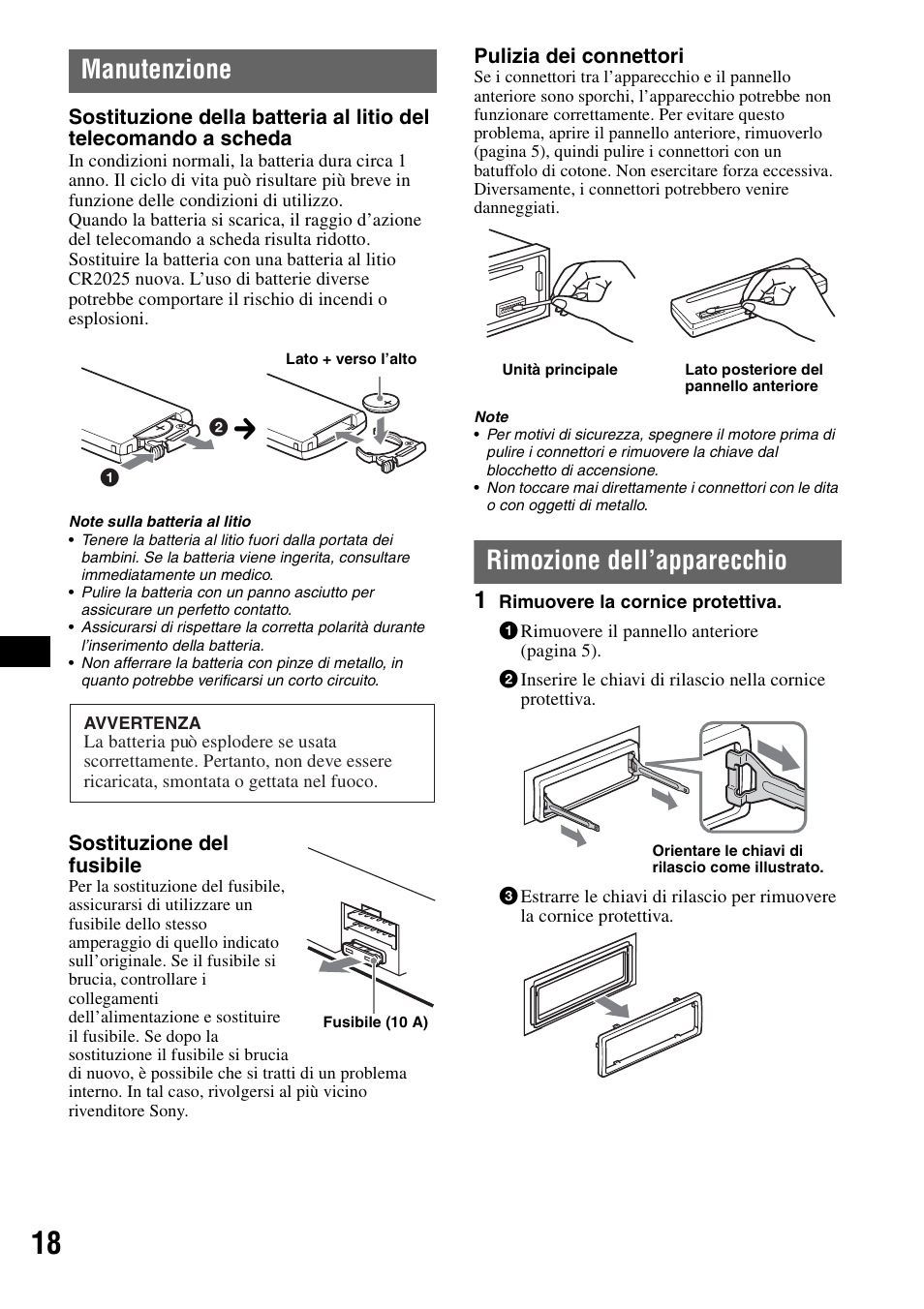 Manutenzione, Rimozione dell’apparecchio, Manutenzione rimozione dell’apparecchio | Sony CDX-GT414U User Manual | Page 82 / 112