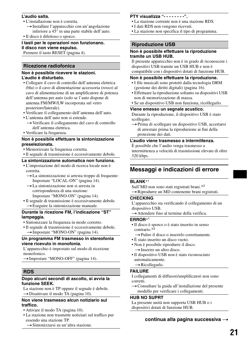 Messaggi e indicazioni di errore | Sony CDX-GT414U User Manual | Page 85 / 112