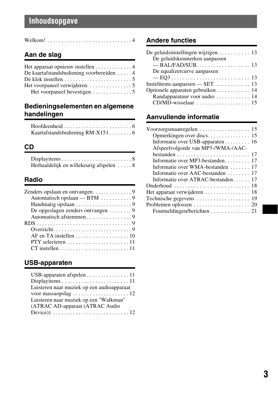 Inhoudsopgave | Sony CDX-GT414U User Manual | Page 89 / 112