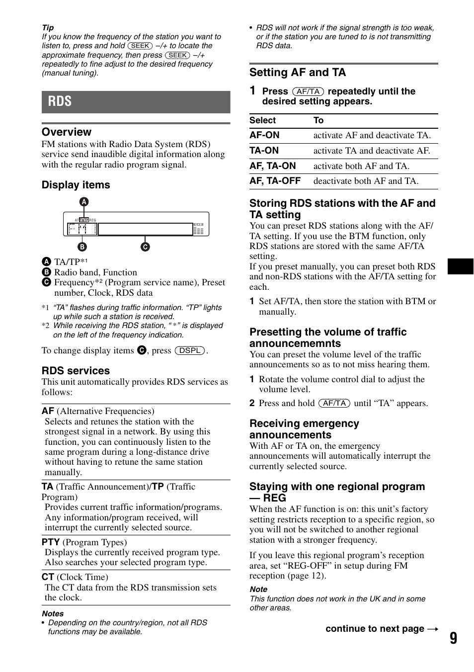 Overview, Setting af and ta, Overview setting af and ta | Sony CDX-GT414U User Manual | Page 9 / 112