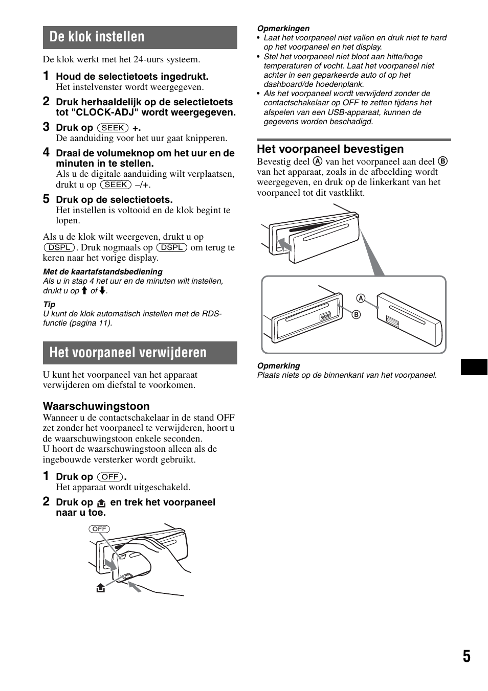 De klok instellen, Het voorpaneel verwijderen, Het voorpaneel bevestigen | De klok instellen het voorpaneel verwijderen | Sony CDX-GT414U User Manual | Page 91 / 112