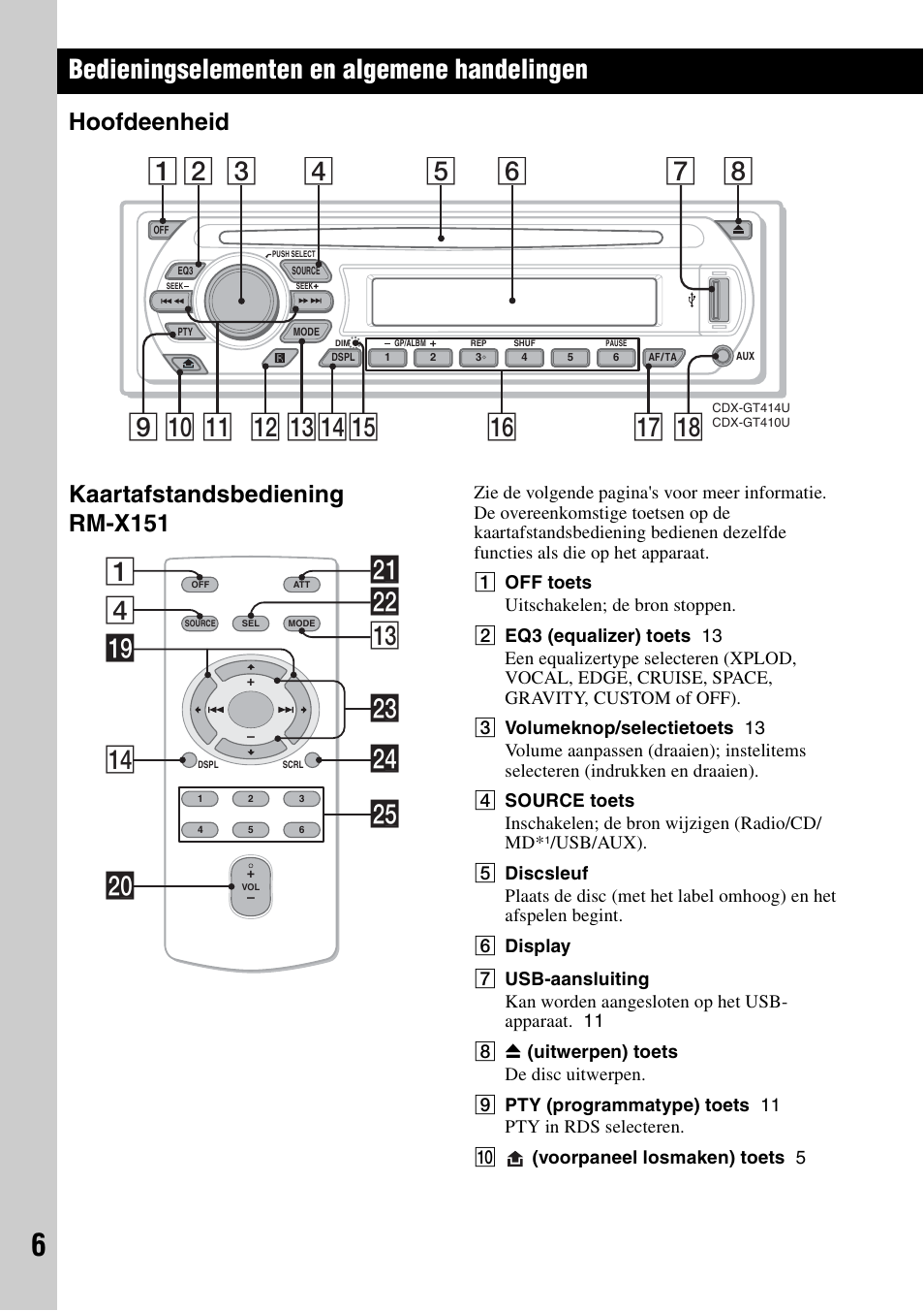 Bedieningselementen en algemene handelingen, Hoofdeenheid, Kaartafstandsbediening rm-x151 | Hoofdeenheid kaartafstandsbediening rm-x151, Qa qd q; 9 qs qfqg 7 qk, 4ws qd 1 wf ql qf wa w; wg wd | Sony CDX-GT414U User Manual | Page 92 / 112