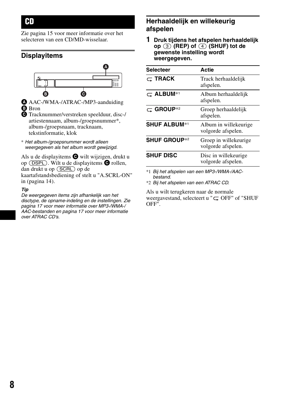 Displayitems, Herhaaldelijk en willekeurig afspelen, Displayitems herhaaldelijk en willekeurig afspelen | Ep 8 | Sony CDX-GT414U User Manual | Page 94 / 112