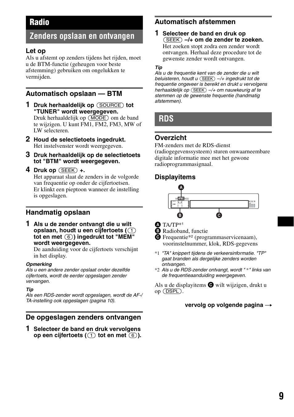 Radio, Zenders opslaan en ontvangen, Automatisch opslaan - btm | Handmatig opslaan, De opgeslagen zenders ontvangen, Automatisch afstemmen, Overzicht, Radio zenders opslaan en ontvangen | Sony CDX-GT414U User Manual | Page 95 / 112