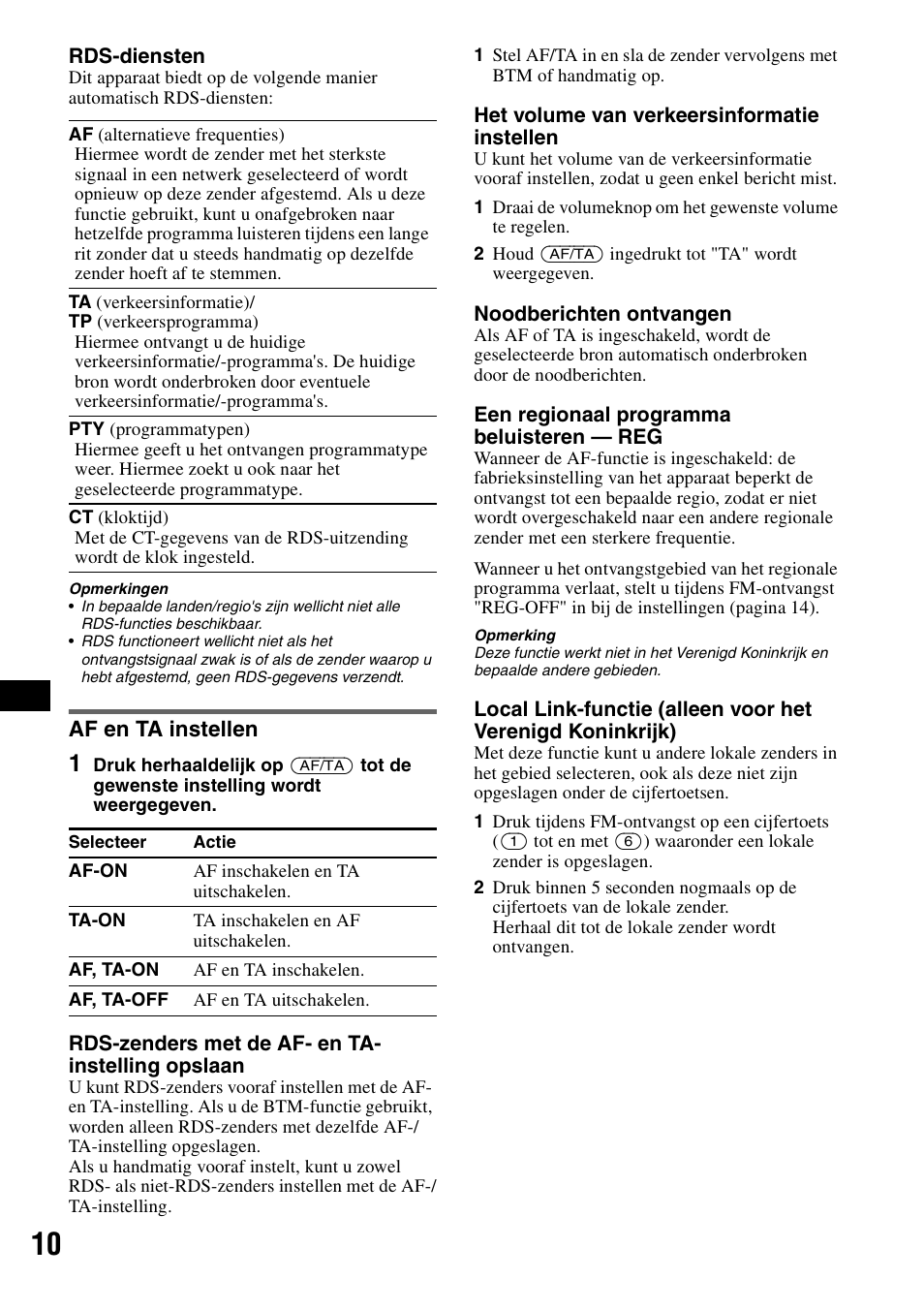 Af en ta instellen, S 10 | Sony CDX-GT414U User Manual | Page 96 / 112