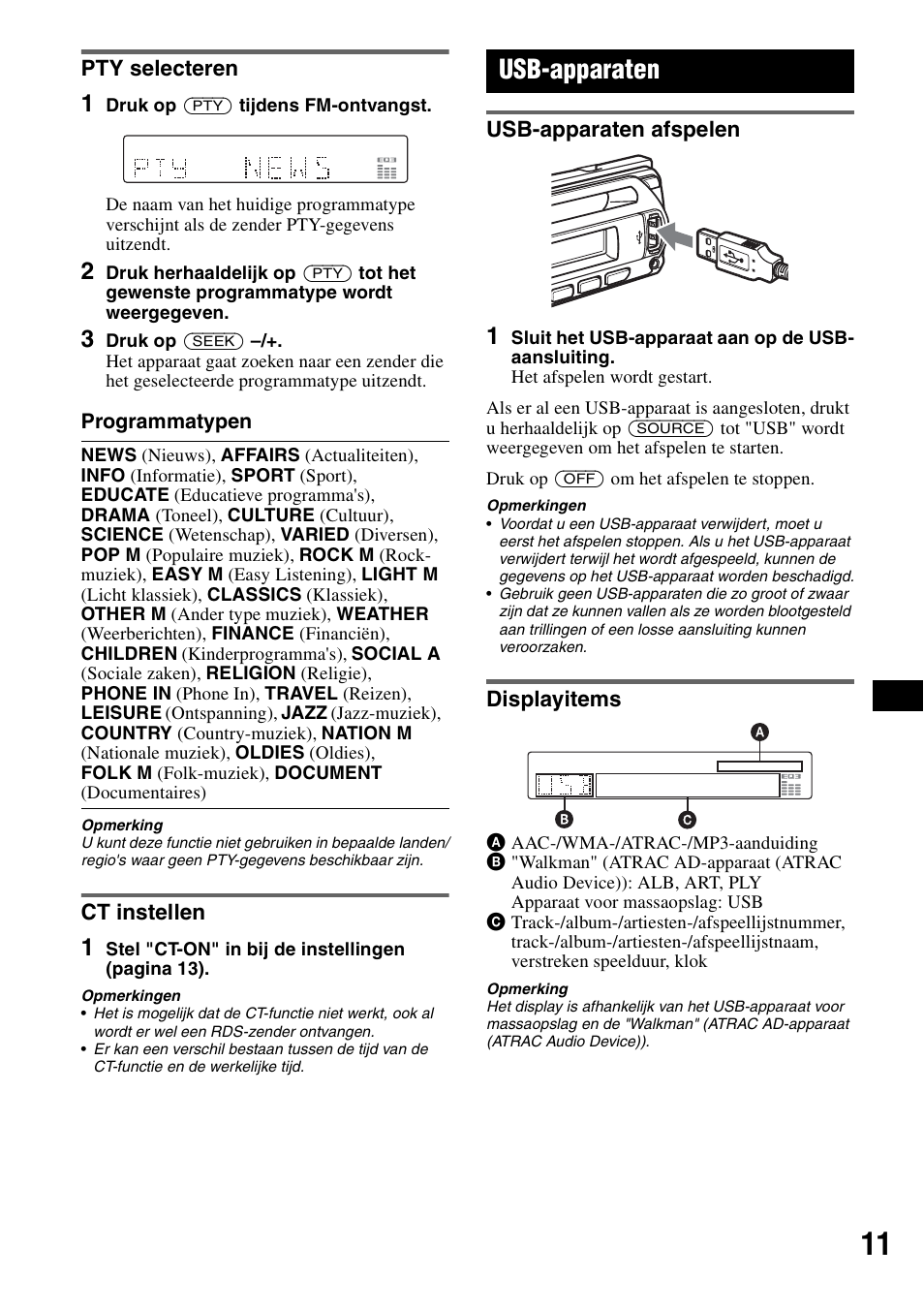 Pty selecteren, Ct instellen, Usb-apparaten | Usb-apparaten afspelen, Displayitems, Pty selecteren ct instellen, Usb-apparaten afspelen displayitems | Sony CDX-GT414U User Manual | Page 97 / 112