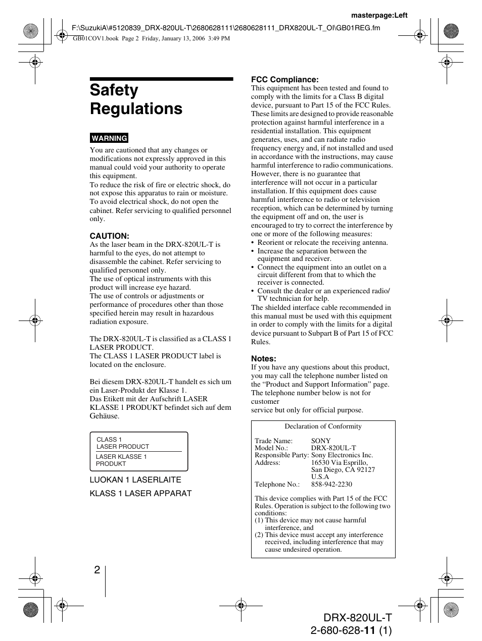Safety regulations | Sony DRX-820UL-T User Manual | Page 2 / 36