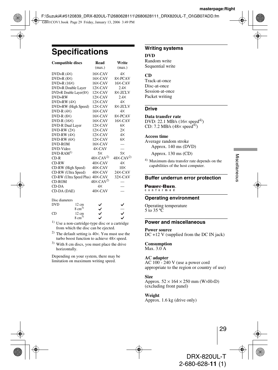 Specifications | Sony DRX-820UL-T User Manual | Page 29 / 36