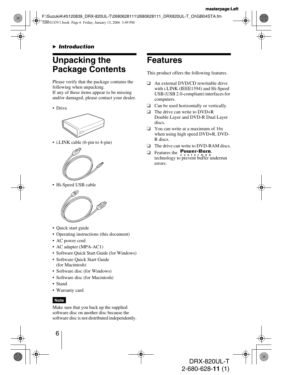 Unpacking the package contents, Features | Sony DRX-820UL-T User Manual | Page 6 / 36