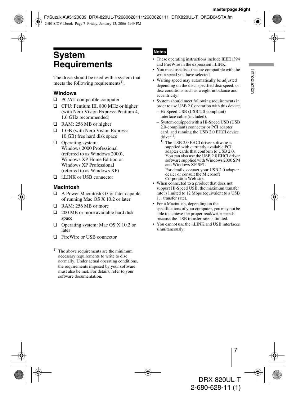 System requirements | Sony DRX-820UL-T User Manual | Page 7 / 36