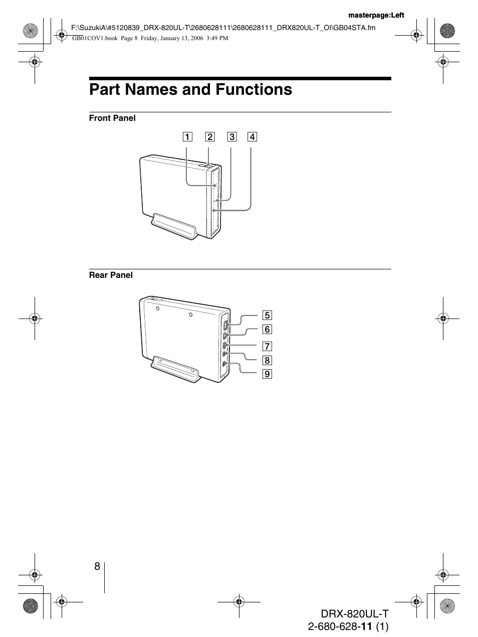 Part names and functions | Sony DRX-820UL-T User Manual | Page 8 / 36
