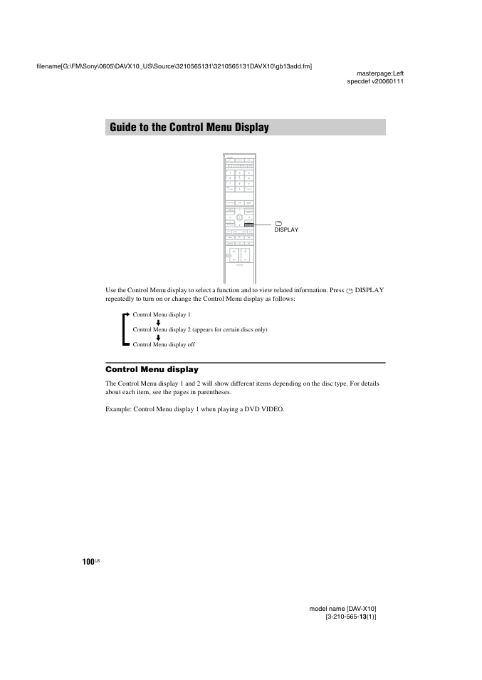 Guide to the control menu display, Control menu display | Sony DAVX10 User Manual | Page 100 / 107