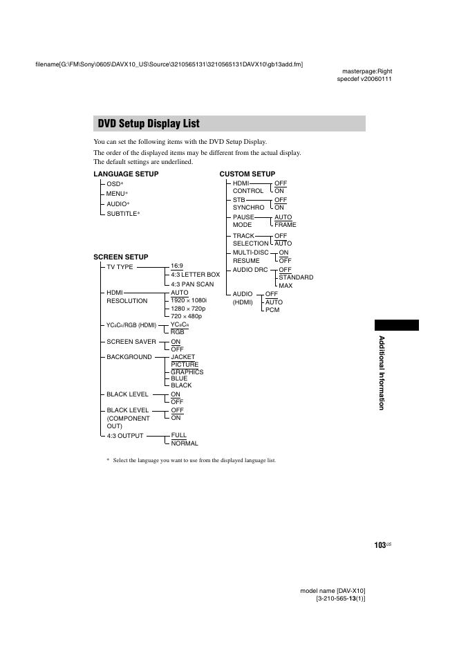 Dvd setup display list | Sony DAVX10 User Manual | Page 103 / 107