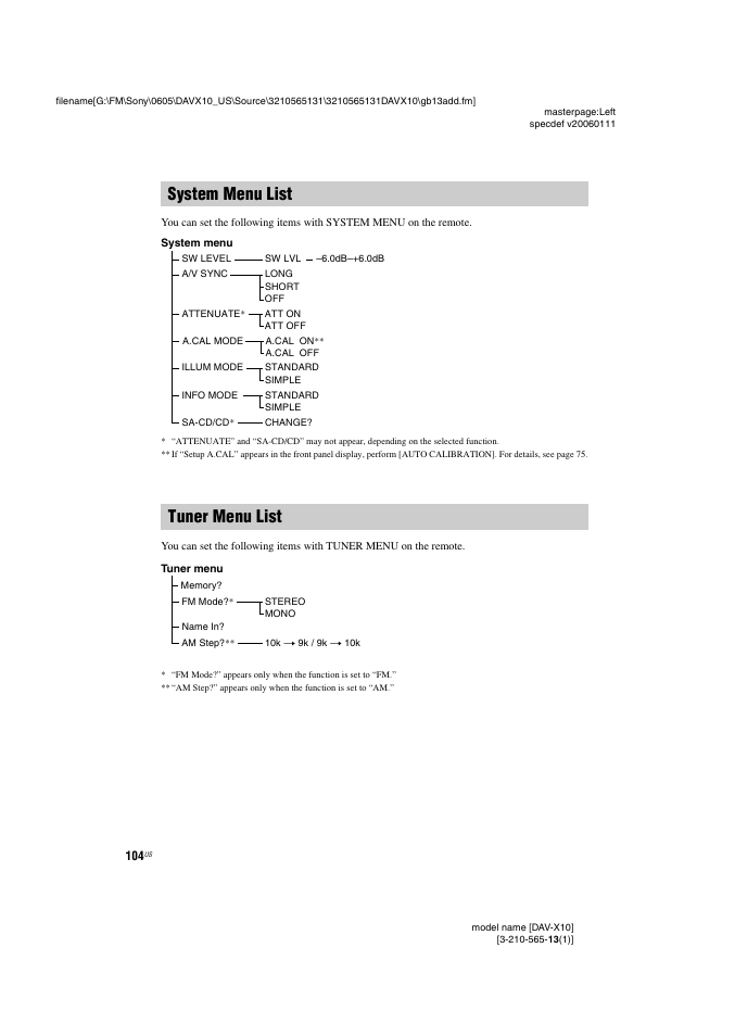 System menu list, Tuner menu list, System menu list tuner menu list | Sony DAVX10 User Manual | Page 104 / 107