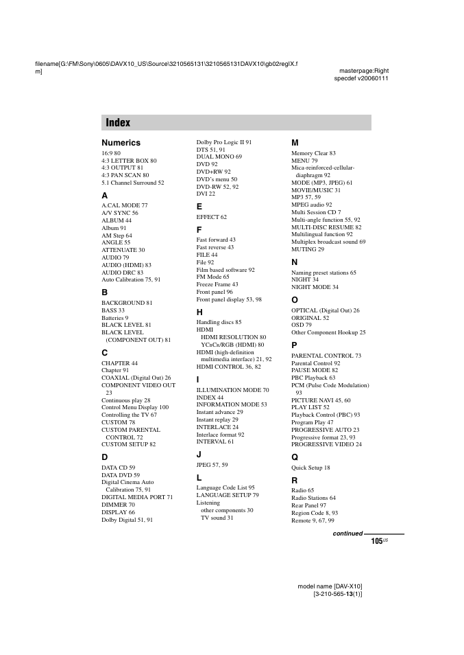 Index, Numerics | Sony DAVX10 User Manual | Page 105 / 107