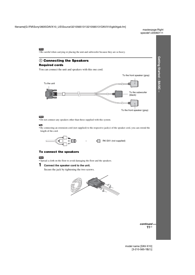 1 connecting the speakers | Sony DAVX10 User Manual | Page 11 / 107