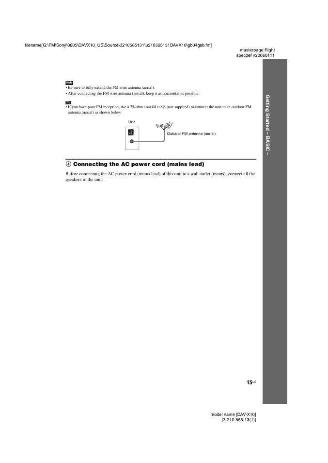 4 connecting the ac power cord (mains lead) | Sony DAVX10 User Manual | Page 15 / 107