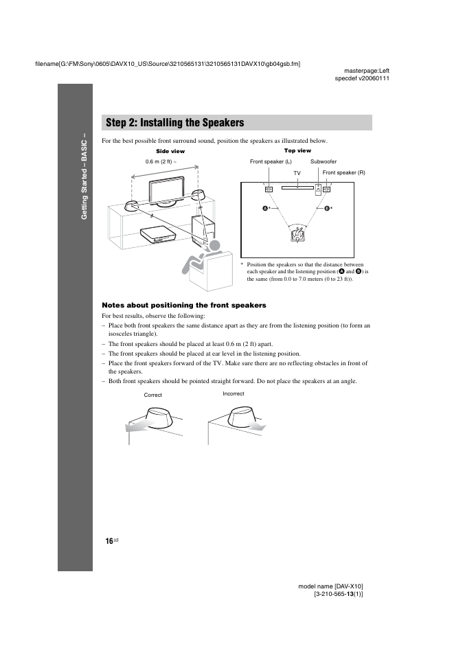 Step 2: installing the speakers | Sony DAVX10 User Manual | Page 16 / 107