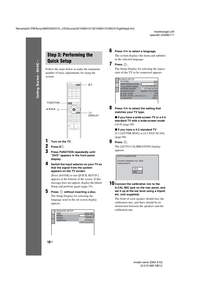 Step 3: performing the quick setup, Step 3: performing the quick, Setup | Sony DAVX10 User Manual | Page 18 / 107