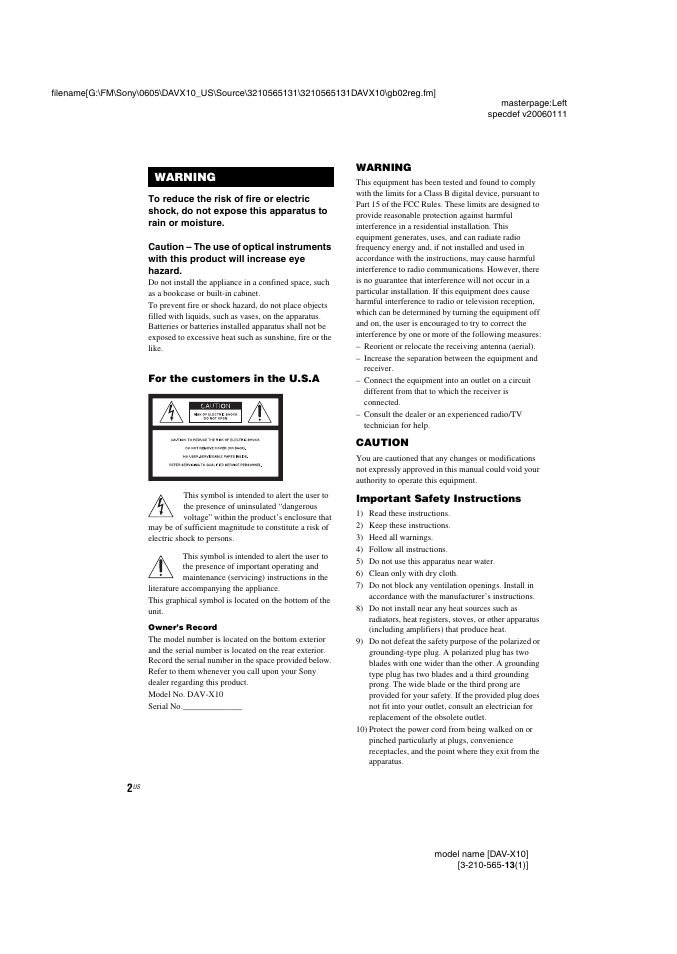 Warning | Sony DAVX10 User Manual | Page 2 / 107