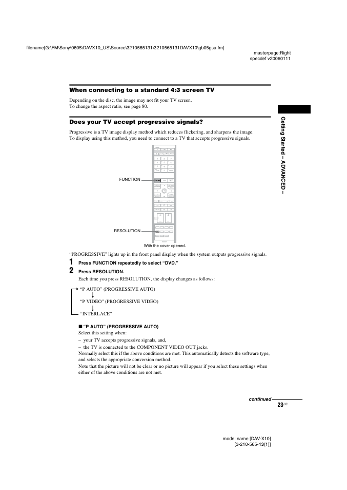 When connecting to a standard 4:3 screen tv, Does your tv accept progressive signals | Sony DAVX10 User Manual | Page 23 / 107