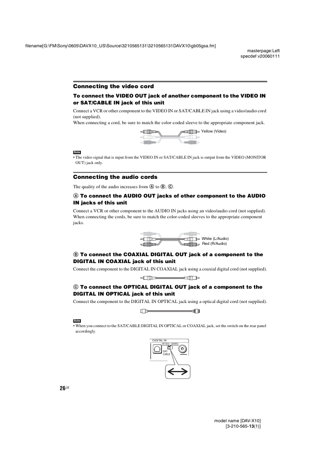 Connecting the video cord, Connecting the audio cords | Sony DAVX10 User Manual | Page 26 / 107