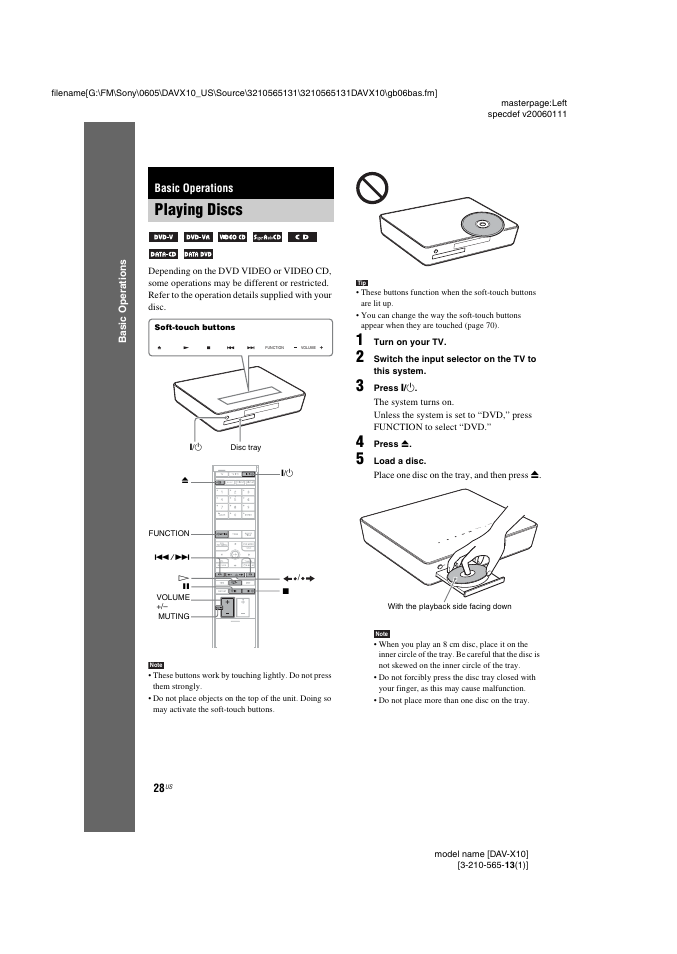 Basic operations, Playing discs | Sony DAVX10 User Manual | Page 28 / 107