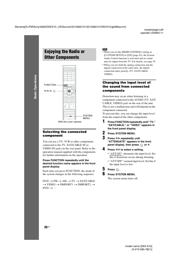 Enjoying the radio or other components, Selecting the connected component, Enjoying the radio or other | Components | Sony DAVX10 User Manual | Page 30 / 107