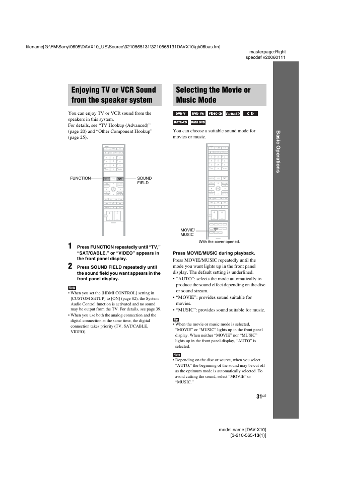 Enjoying tv or vcr sound from the speaker system, Selecting the movie or music mode, Enjoying tv or vcr sound from the | Speaker system, Selecting the movie or music, Mode | Sony DAVX10 User Manual | Page 31 / 107