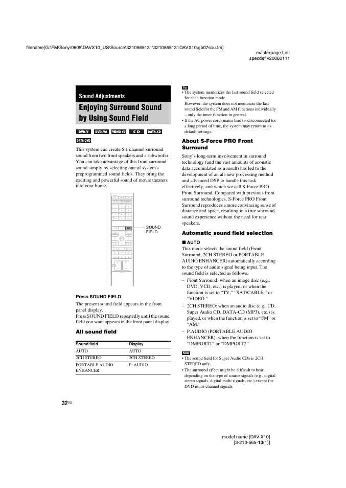 Sound adjustments, Enjoying surround sound by using sound field, Enjoying surround sound by using sound | Field | Sony DAVX10 User Manual | Page 32 / 107
