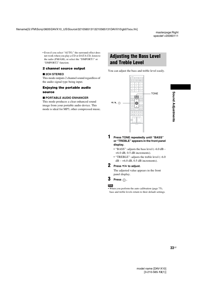 Adjusting the bass level and treble level, Adjusting the bass level and treble, Level | Sony DAVX10 User Manual | Page 33 / 107