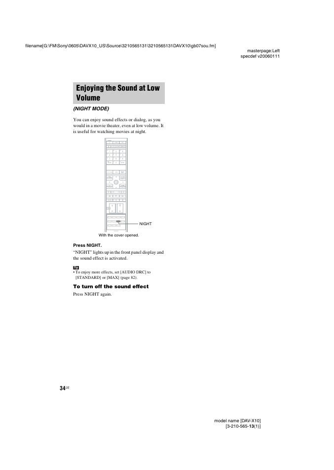 Enjoying the sound at low volume, Night mode) | Sony DAVX10 User Manual | Page 34 / 107