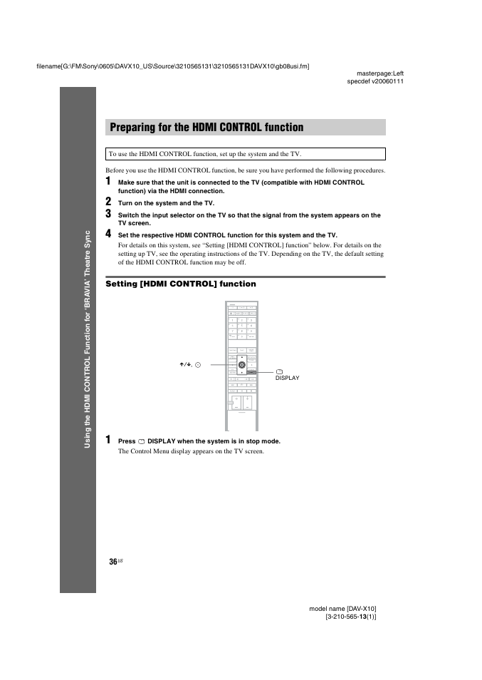 Preparing for the hdmi control function, Setting [hdmi control] function, Preparing for the hdmi control | Function | Sony DAVX10 User Manual | Page 36 / 107