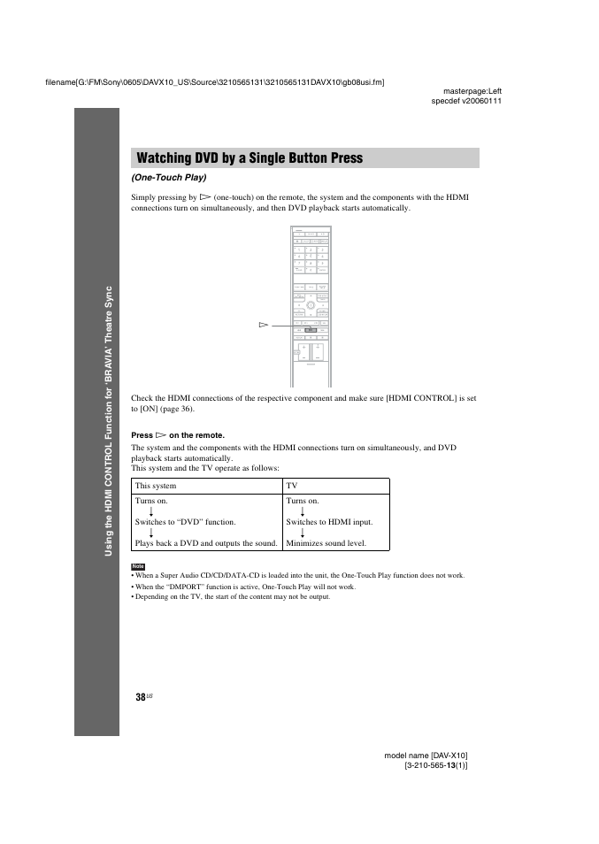 Watching dvd by a single button press, Watching dvd by a single button, Press (one-touch play) | Sony DAVX10 User Manual | Page 38 / 107